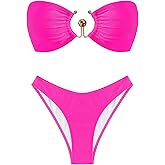 ZAFUL Womens Bandeau Bikini Set Metallic Sparkly O Ring Lace Up Tie Side High Cut Tanga Sexy Bathing Suit Swimwear