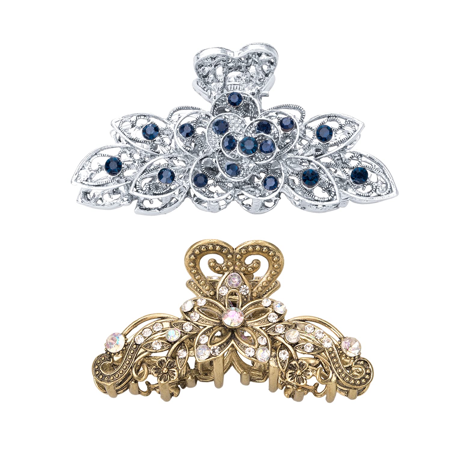 Parieo 2 Pack Vintage Crystal Rhinestone Metal Hair Clamp Hair Claw Clips Retro Flowers Hair Claw Clip Non-Slip Hair Jaw Clips for Bath Fancy Accessories