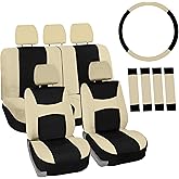 Automotive Seat Covers Beige Black Universal Fit Seat Cover Combo Set with Steering Wheel Cover and Seat Belt Pad (Airbag Compatible and Split Bench)