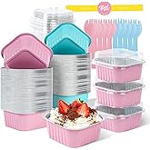 100 Pack Mini Cake Pans with Lids, Square Aluminum Baking Pan with Sealing Sticker, Disposable Loaf Pans with Lids for Wedding Birthday Party Picnics, 5oz Mini Square Baking Cups(Pink+Blue)
