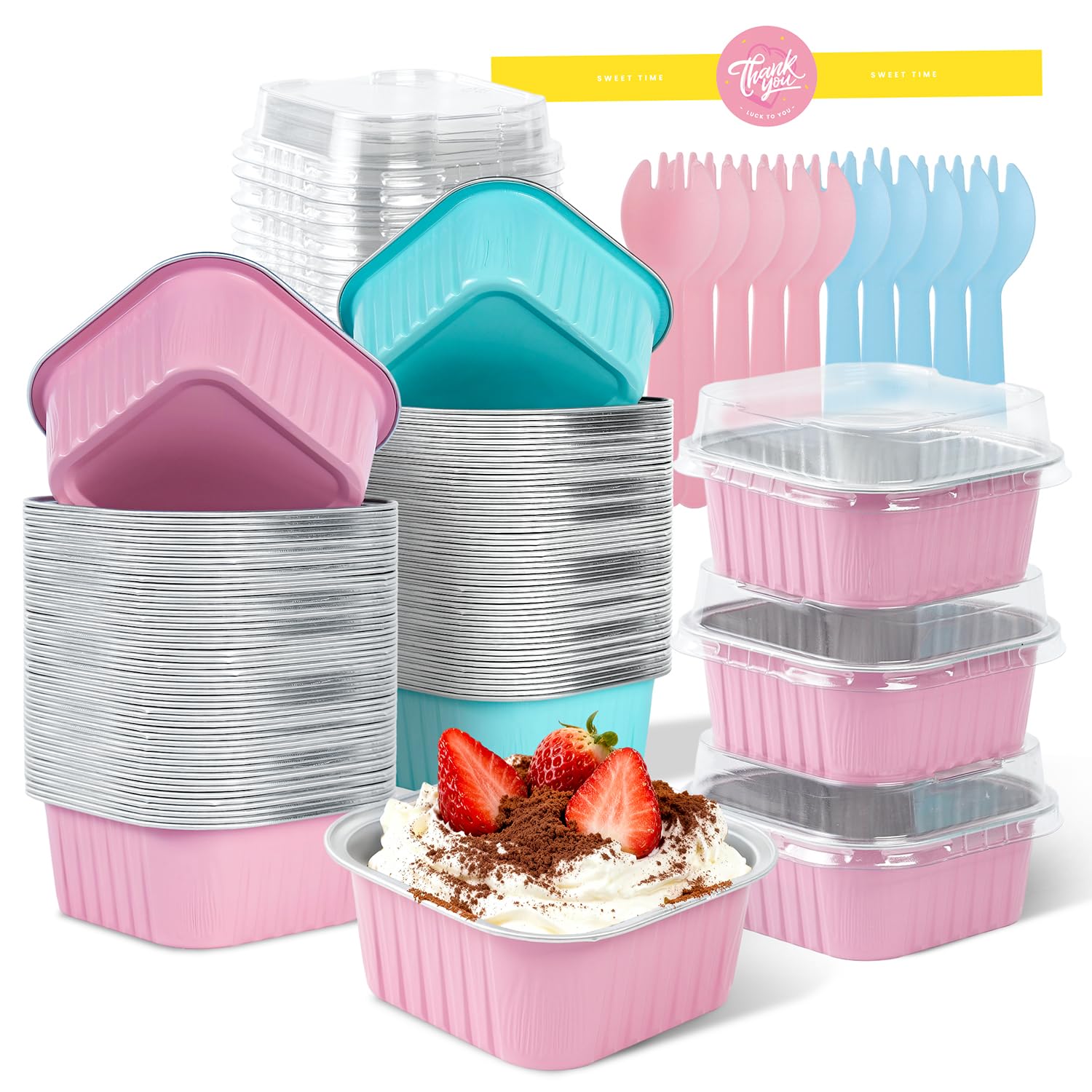 Photo 1 of 100 Pack Mini Cake Pans with Lids, Square Aluminum Baking Pan with Sealing Sticker, Disposable Loaf Pans with Lids for Wedding Birthday Party Picnics, 5oz Mini Square Baking Cups(Pink+Blue)