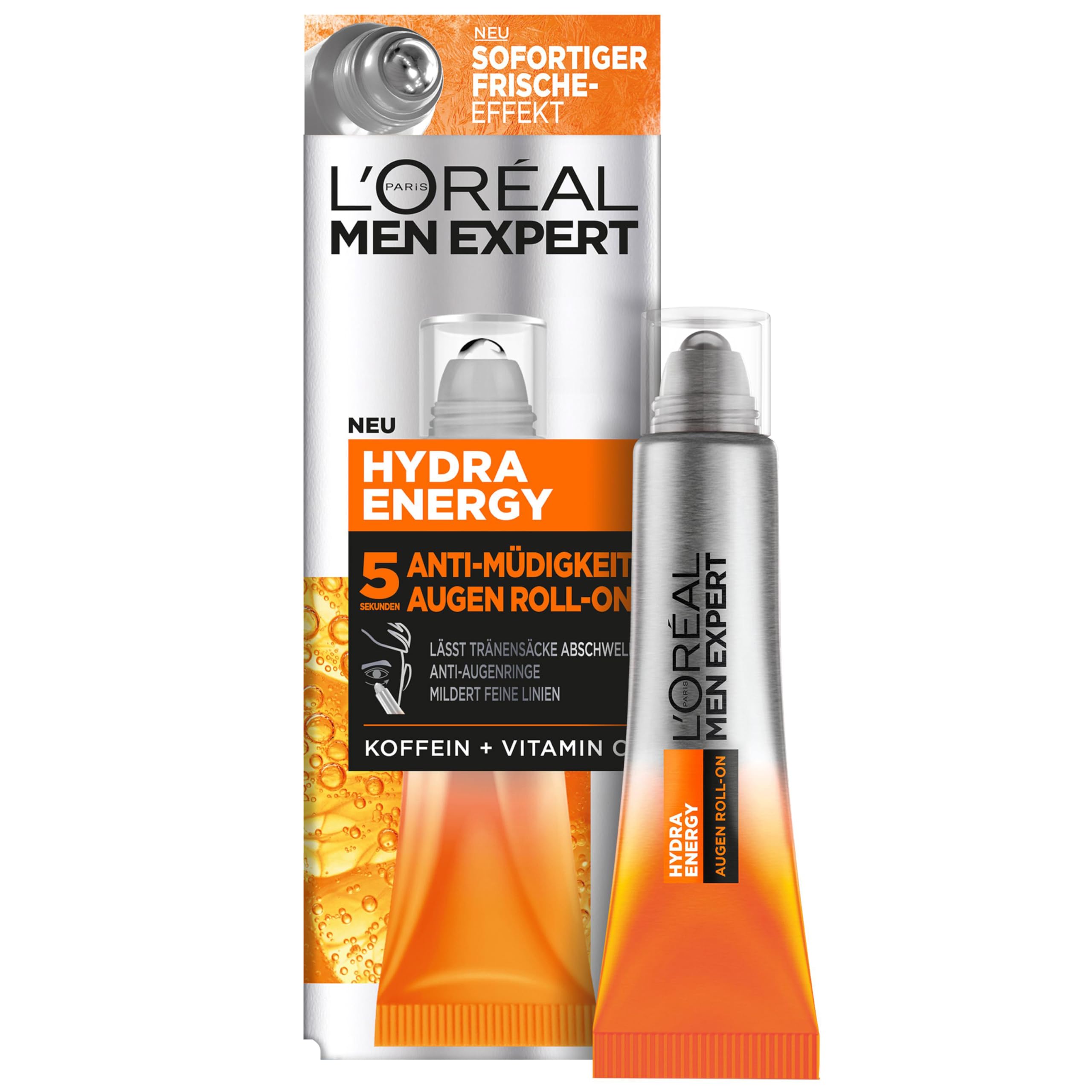 L'Oréal Men Expert Eye Roll-On for Tired Skin for Men, Invigorating Eye Care Vitamin C and Caffeine, Hydra Energy Moisturizer 24H Anti-Fatigue, 1 x 10 ml