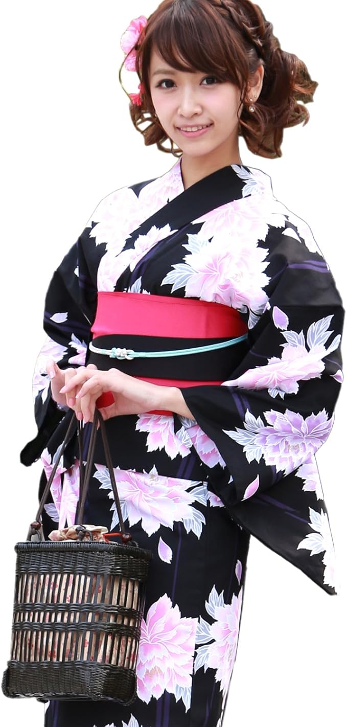 Amazon 浴衣 女 セット 黒地に古典ピンク牡丹 なでしこ ときめき恋浴衣3点セット 浴衣 通販