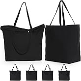 Koolmox 6Pack 22x16x7.8'' 12Oz Heavy Duty Canvas Tote Bag with Zipper, Reinforced Handles Wide Bottom, Large Canvas Bag, Extra Big Grocery Shopping Beach Reusable Totes Bags Vacation Bags Plain Black