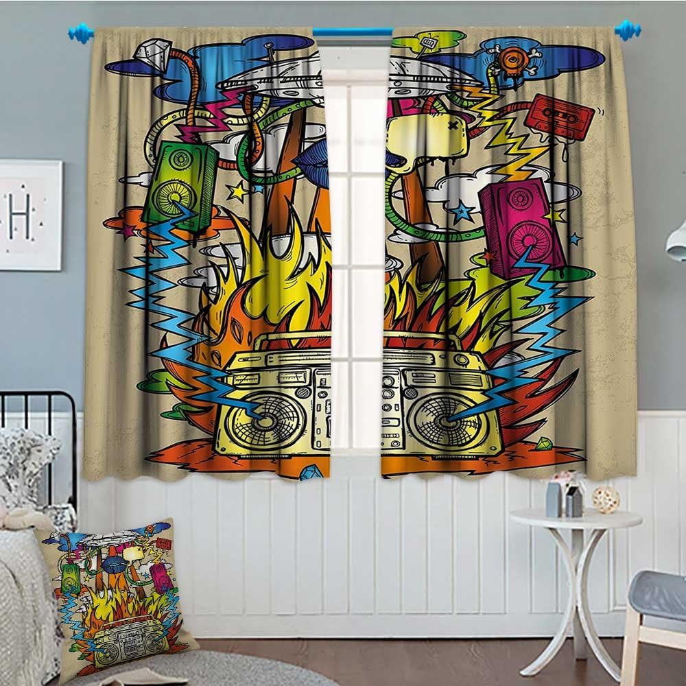Modern Art Home Decor Thermal Insulating Blackout Curtain Hippie Funk Trippy Objects with UFO Music Box Lips Tapes Speakers Image Patterned Drape for Glass Door 52"x63" Multi