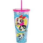Silver Buffalo The Powerpuff Girls Featuring Blossom, Bubbles, and Buttercup Plastic Confetti Cold Cup with Lid and Straw, 32 Ounces