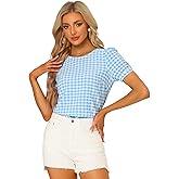 Allegra K Puff Sleeve Gingham Top for Women's Crew Neck Cute Peasant Fitted Checkered Plaid Shirt