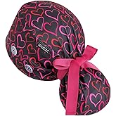 Scrub Caps Women Ponytail – Valentine Heart Print Double-Sided Printed Surgical Hat with Buttons and Sweatband, Soft Nurse Cap for Long Hair, Helps Reduce Static Buildup