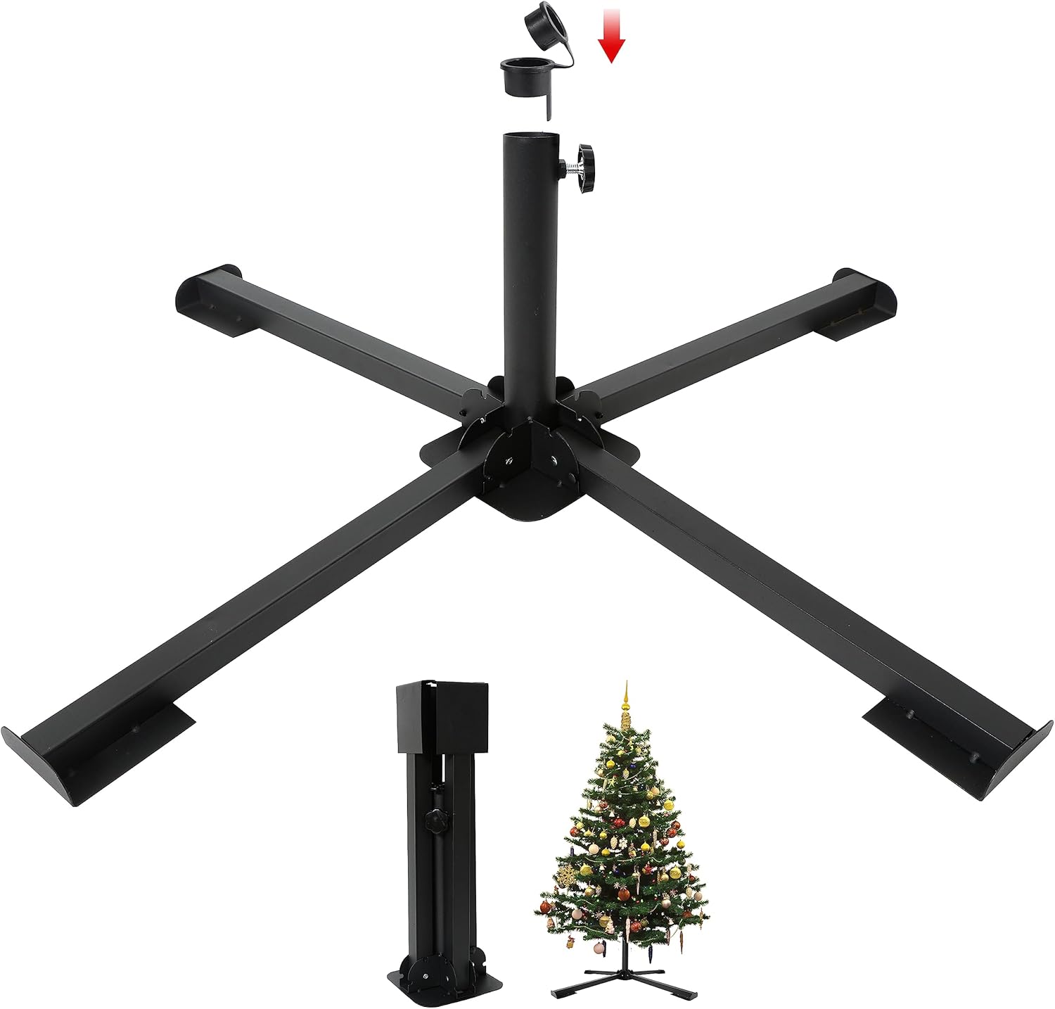 Tree Stands - Christmas Tree Stand Metal,3 Sizes Diameter Universal Artificial Christmas Tree Holder for 2 to 9FT,Heavy Duty Christmas Tree Base,Foldable Stand for Xmas Tree Up to 100 Lbs Black(3 Adapter Rings)