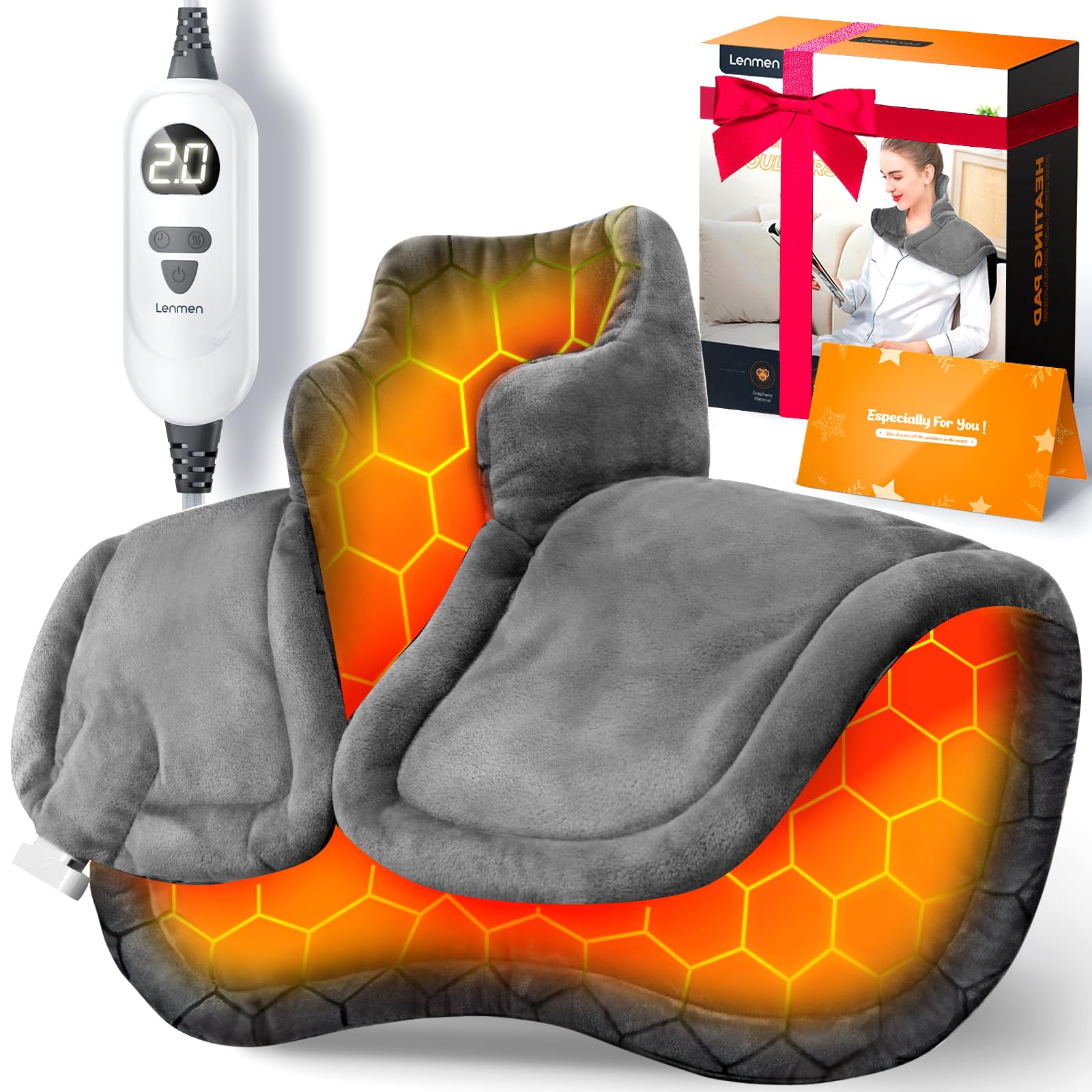 graphene-infused heating pad 3x deeper pain relief, weighted instant heating pads for neck and shoulders, heated wrap w/ 6 heat options 4 auto-off timer, gifts for mom women christmas birthday