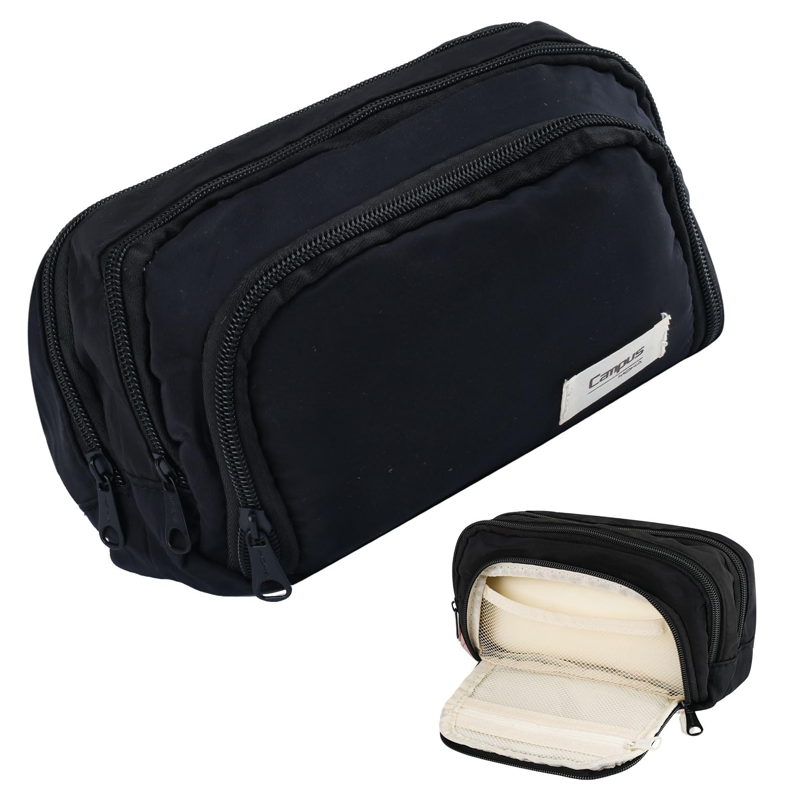 Tikplus Pencil Case Large Capacity, Big Pencil Case with 4 Compartments, Zip Pencil Pouch Pen Bag for Girls Teenage Stationery Organizer, Makeup Bag for Women, Men (Black)