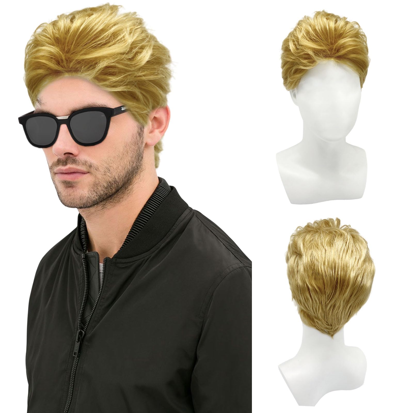 TSHAOUN Mens Short Wig Blonde Layered Natural Handsome Wavy Hair Wig 80s Disco Short Curly Fluffy Cosplay, Men's Daily Use Costume Fancy Dress Rocking Dude Men's Costume (Blonde)