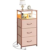 WLIVE Nightstand with Charging Station, 31.9" H Nightstand with 3 Fabric Drawers, LED Bedside Table with USB Ports and Outlets, End Table for Dorm, Bedroom, Entryway, Pink
