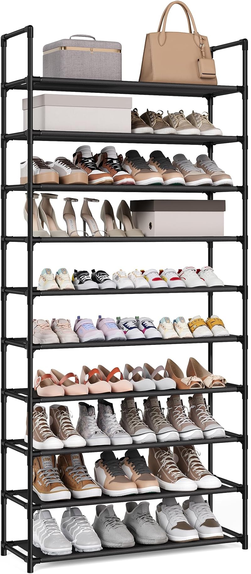SONGMICS 10-Tier Shoe Rack 28x83x173 cm Metal Frame Non-Woven Shelves Black