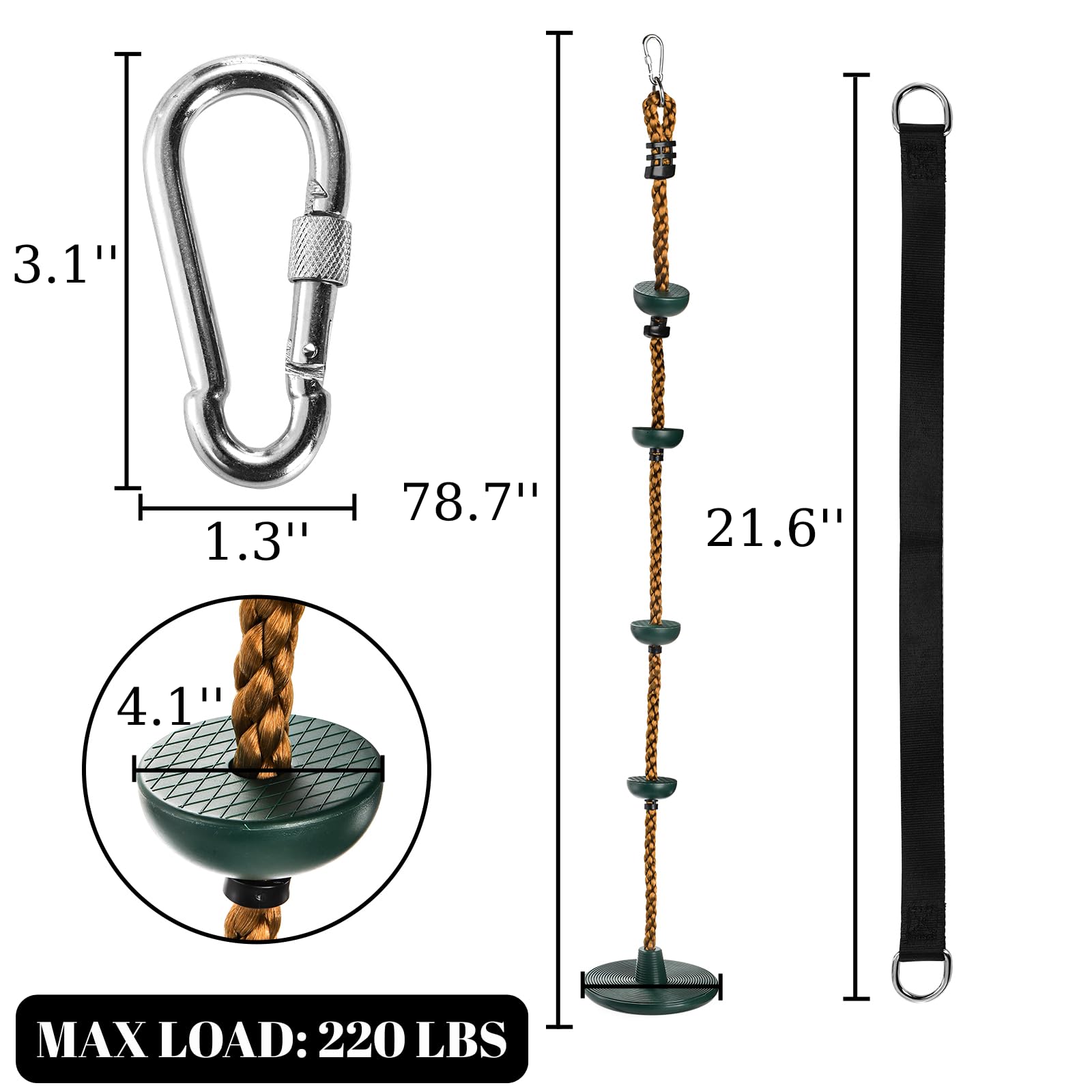 ZENFUN Climbing Rope with Platforms for Kids, Tree Swing with Climbing Rope&Platforms Disc, Secure Trees House Swing with Carabiner and Strap Kit, Gym Backyard, Playground Accessories, Max Load: 220lb