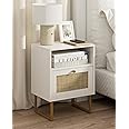 Masupu Rattan Nightstand,Modern Boho Farmhouse Wood Bedside Table with Storage Drawer and Open Shelf,Small Gold Frame Side End Table for Bedroom,Living Room,Office(White)