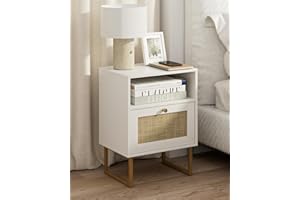 Masupu Rattan Nightstand,Modern Boho Farmhouse Wood Bedside Table with Storage Drawer and Open Shelf,Small Gold Frame Side End Table for Bedroom,Living Room,Office(White)