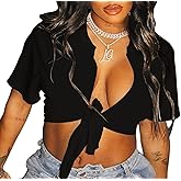 Zoyami Womens Sexy Tie Front Crop Top Short Sleeve Graphic Tee Shirt Clubwear