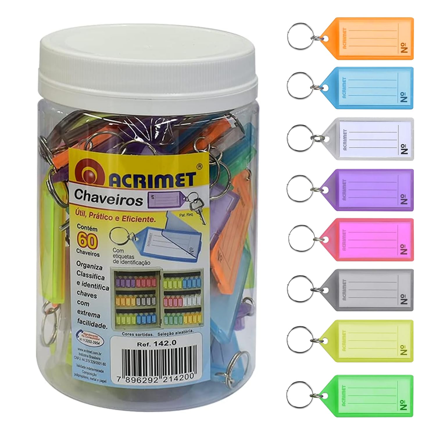 Acrimet 60 Pack Plastic Key Tags Jar with Metal Ring and Paper Key Label (Assorted Colors)