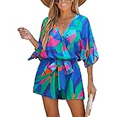 CUPSHE Women's Boho Floral Romper Short Sleeve V Neck Tie Waist Summer Beach Jumpsuit Tropical Resort Vacation Outfits