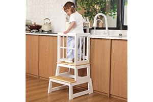 MANGOHOOD Kids Kitchen Step Stool, Ideal Toddler Learning Standing Tower, 2025 New Upgrade with an Anti-tip Structure and Anti-Drop Safety Bar, More Stable and Safer - White Natural
