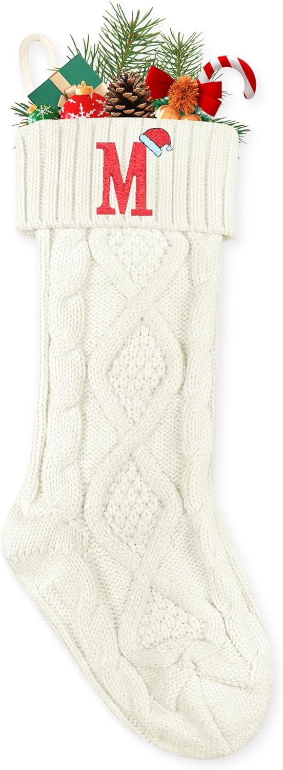 Stockings & Holders - CRSTAFU Personalized M Monogram Christmas Stockings, 20 Inch Large Family Embroidered Initials White Knitted Xmas Stocking
