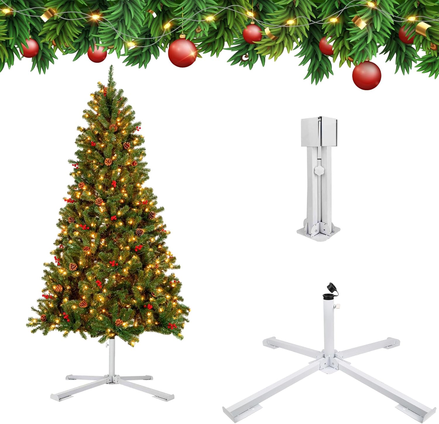 Tree Stands - Profully Christmas Tree Stand for Live Tree, Foldable Christmas Tree Base Metal Holder for 5.5 Ft to 7.5 Ft Artificial Christmas Tree, Fits 1 to 1.41 Inchs Tree Pole, White