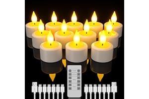 SoulBay Rechargeable Tea Lights with Remote, 12pcs Flameless Flickering LED Candles with Timer & Charging Cable, No Battery N