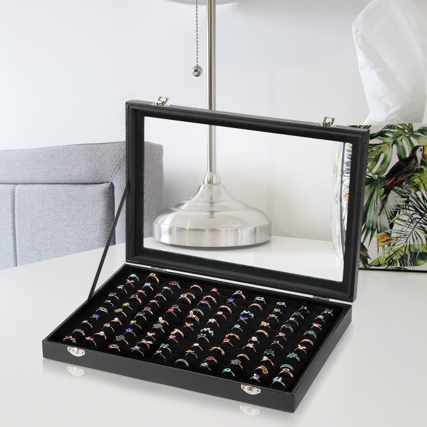 Ring Display Case Organizer Box with Transparent Lid, Ring Holder Showcase For Store Display Jewelry Show Home, Ring Organizer For Jewelry Rings, Studs Earrings (100 Slot, Black)