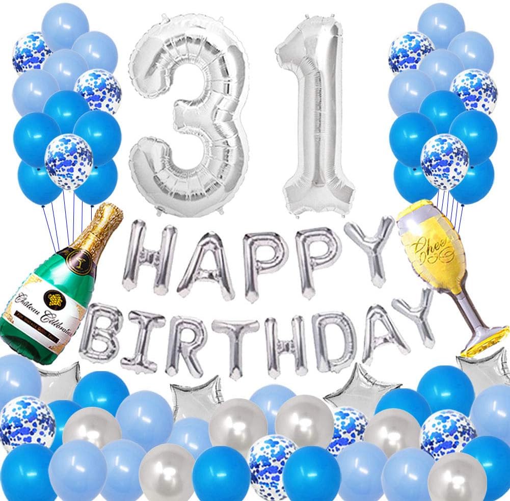 Amazon Com Pertlife Happy 31st Birthday Party Decorations Pack Blue Silver Theme Happy Birthday Banner Foil Number 31 12inch Silver Confetti Balloons Latex Balloons Blue And Silver Toys Games