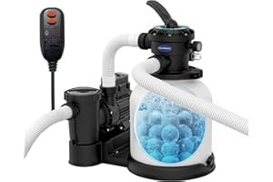 CHLORWORKS Sand Filter Pump for Above Ground - Flow Rate 3036 GPH, Up to 20K GAL, Pool Pumps above Ground Includes 6 Way Value, Digital Timer, GFCI Plug, 4.4 lbs of Filter Balls, and 3 Pack Hose(15", 40", 120")