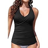 Yonique Tummy Control Tankini Top Only V Neck Swim Top Twist Front Bathing Suit Top No Bottom