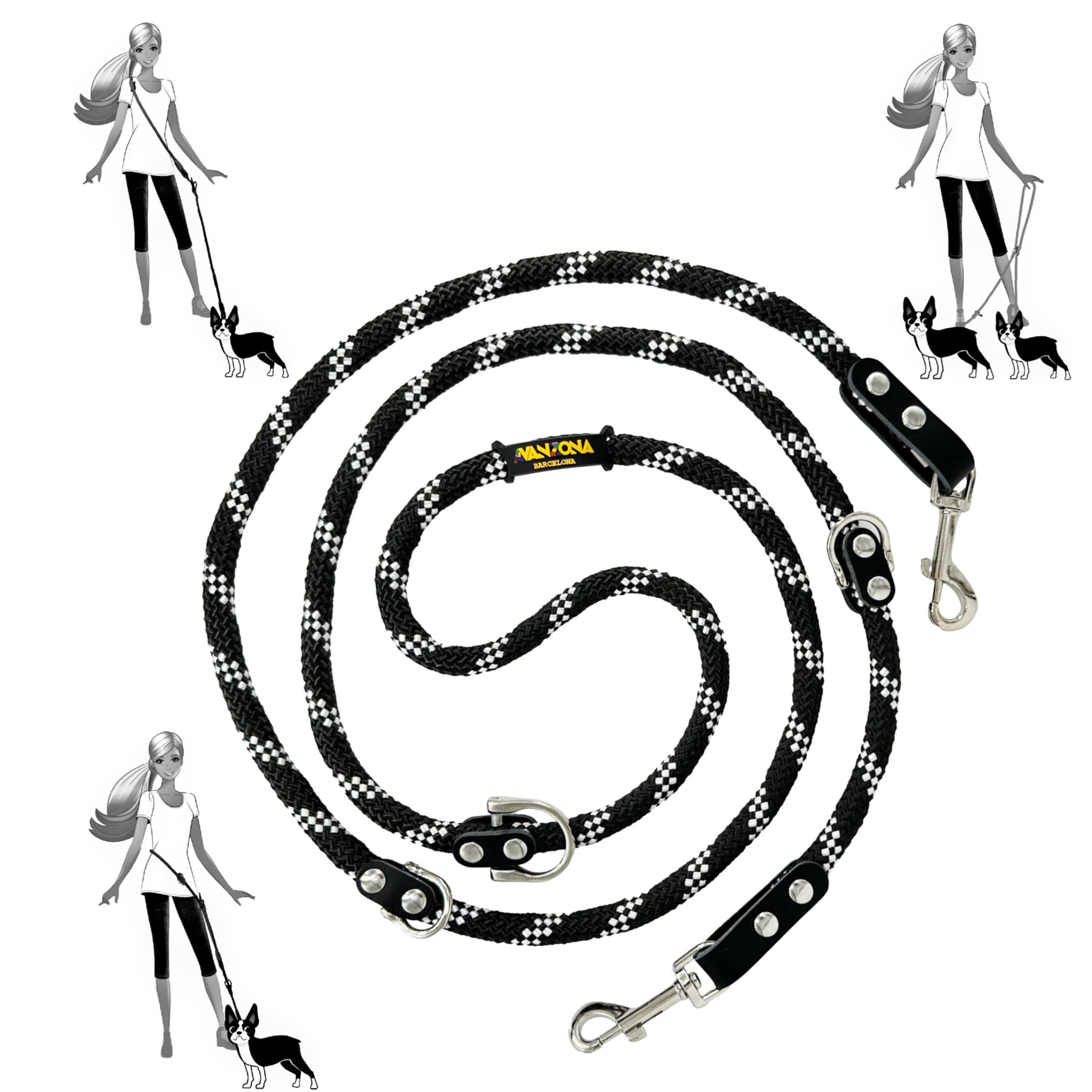 Hands Free Dog Lead. Double Ended, MultiFunction, Multiposition, for 2 Dogs, Small Medium Large. Rope and Leather, Made in Spain. Black White & Black.