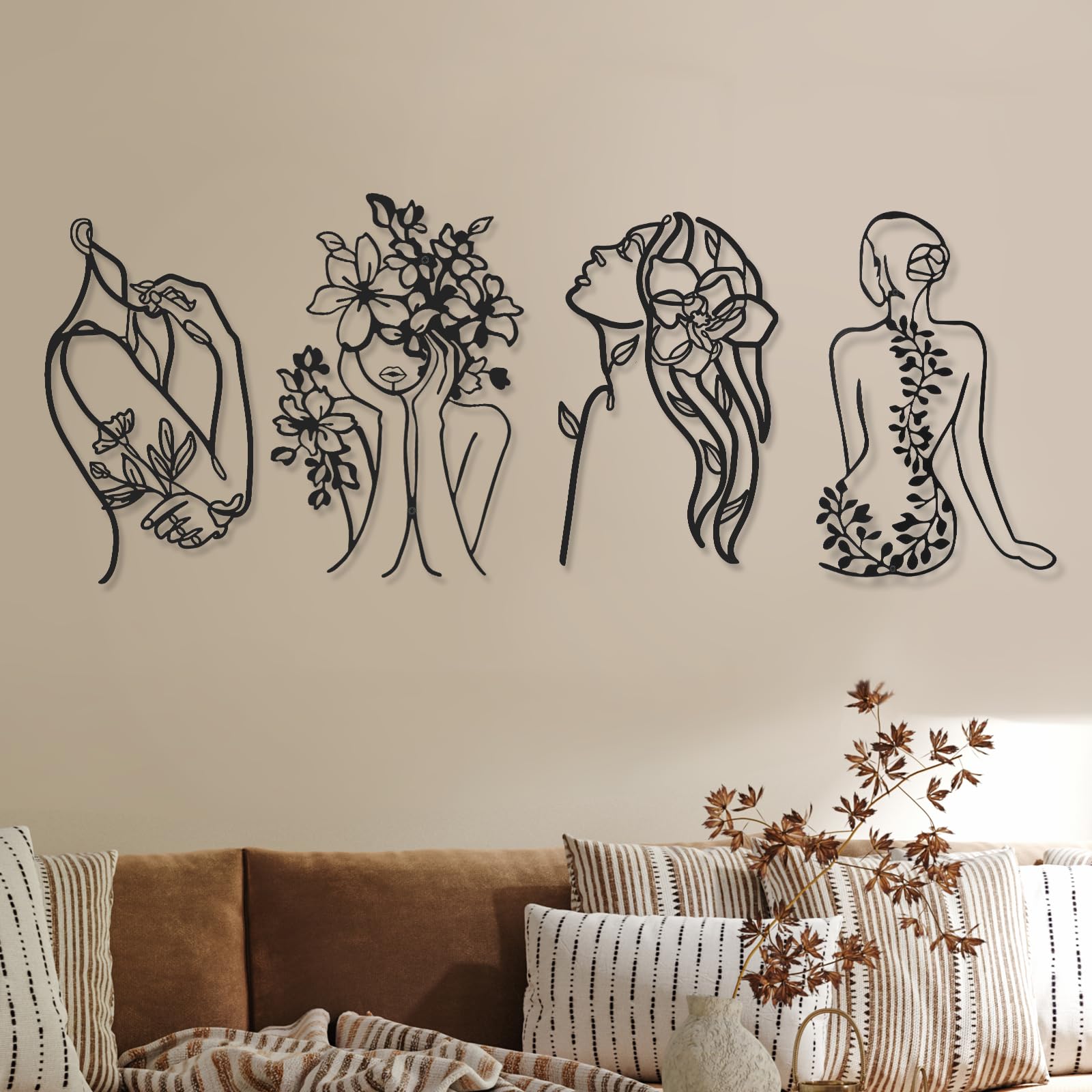 Photect 4 Pieces Metal Wall Art Decor Black Single Line Art Drawing Minimalist Abstract Female Woman Wall Sculptures Hanging Decor Accents for Bathroom Living Room(Modern)