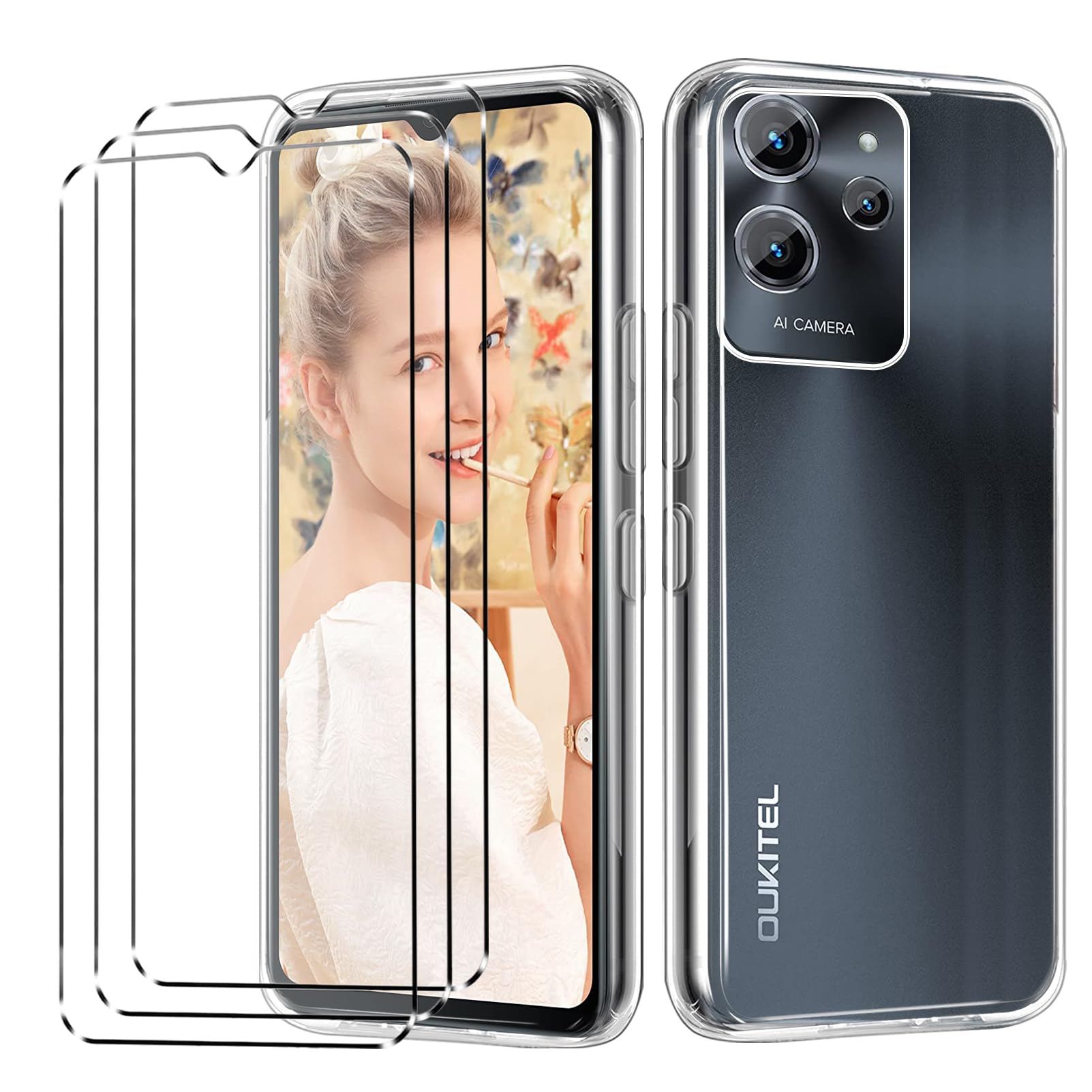[4 in 1] Case Compatible with Oukitel C32/C32 Pro Cover with 3 Pack Tempered Glass Screen Protector for Oukitel C32/C32 Pro, Slim Fit Soft TPU Shockproof Anti-Scratch Phone Case Cover - Clear