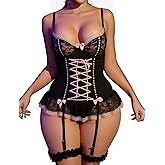 Knotica Sexy Costumes for Women: Mesh Corset Babydoll Party Outfit with Garter & Lace