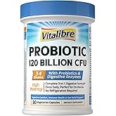 Vitalibre Probiotics for Women and Men, 120 Billion CFU 34 Strains, with Digestive Enzymes & Prebiotics, No Gluten, Gut Health, Digestive Health, Bloat Relief, 30 Vegetarian Capsules