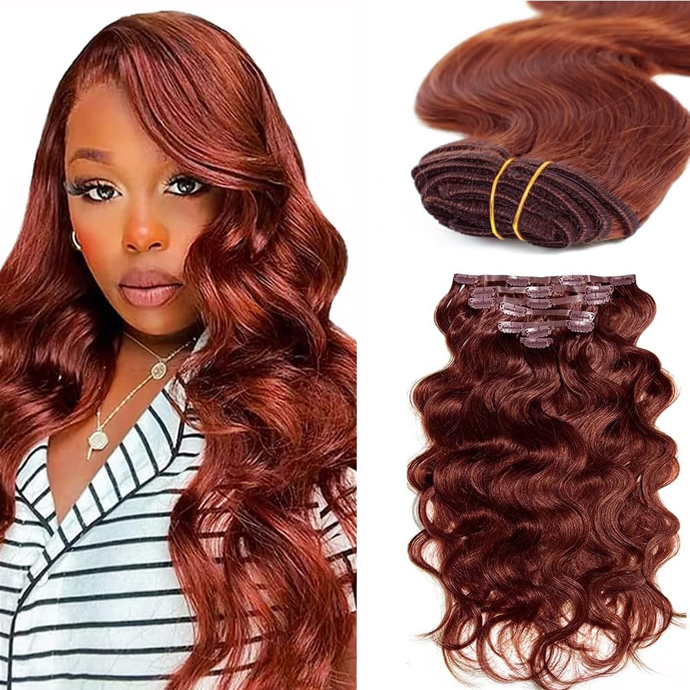 Photo 1 of #33 Reddish Brown Clip in Hair Extensions Human Hair, Copper Red Body Wave Remy Human Hair Extensions Clip ins for Women, 30 Inch 120g 7Pcs, Auburn Brown Hair Extension
