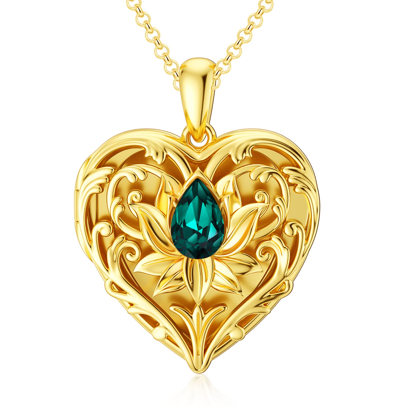 SOULMEET 18K Gold Filled Silver Heart Hollow Lotus Locket Necklace That Holds 1 Picture with Emerald Green Crystal, 20" (Locket only)