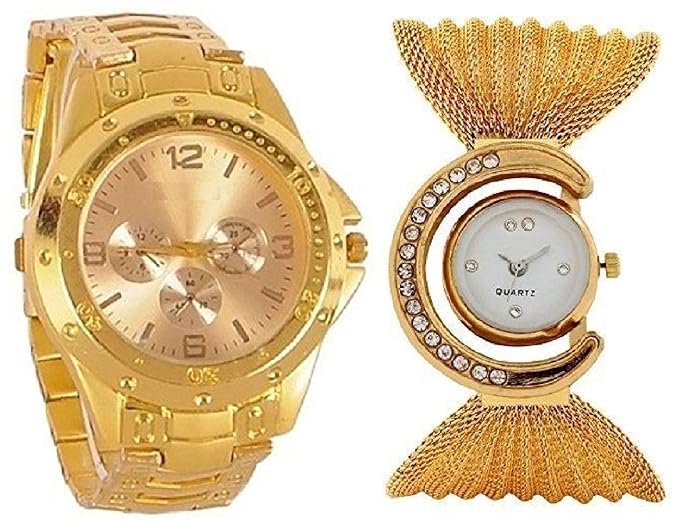 Blutech Analogue Gold Dial Men & Women Couple Watch -00126+742