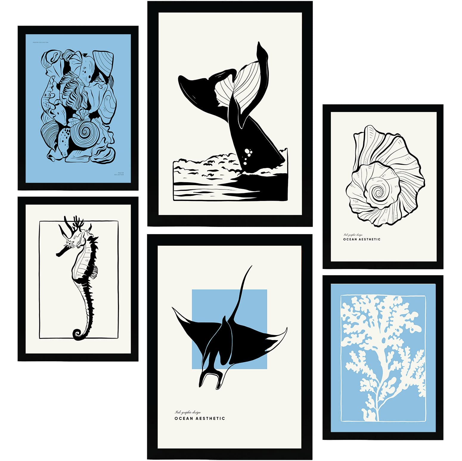 Nacnic Set of 6 Thick Black Ink Posters. Stingray and Whale. Artistic Marine Aesthetic Wall Art Prints for Interior Design and Decoration. Sizes A3 & A4. Unframed.