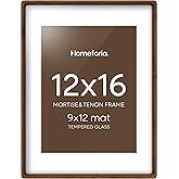 Homeforia Brown Picture Frame 12x16, Mortise & Tenon Walnut 12 by 16 Wooden Photo Frames with Mat 9 x 12 for Wall, 16x12 Dark Solid Wood Frames Matted to 9x12 Print, Tempered Glass, Wall Kit, Set of 1