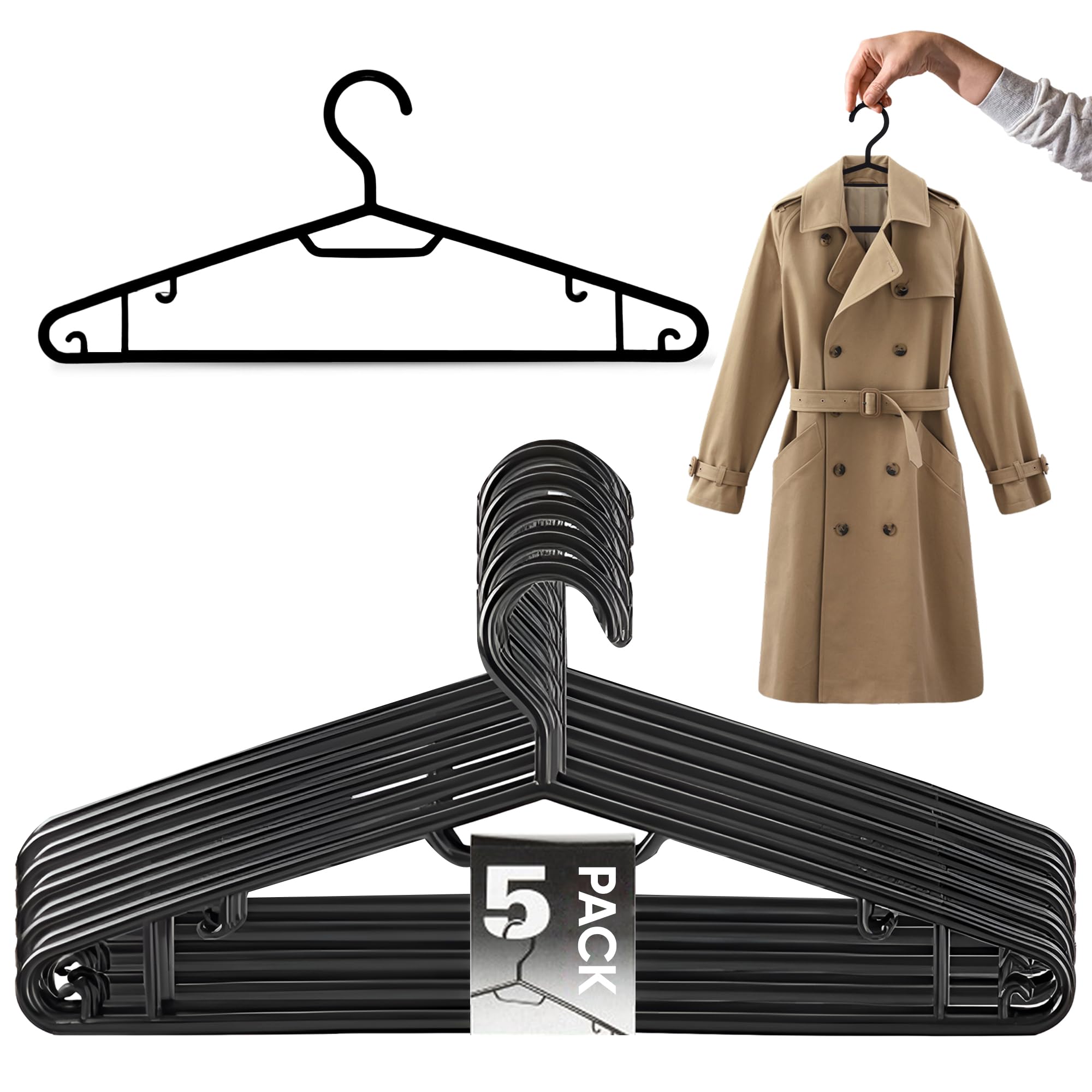 Pack of 5 Clothes Hanger Coat Premium Quality Strong Plastic Non-slip Rotating Hanger All Purpose Space-Saving For Jacket Trouser Dress Jeans Hangers (Black)