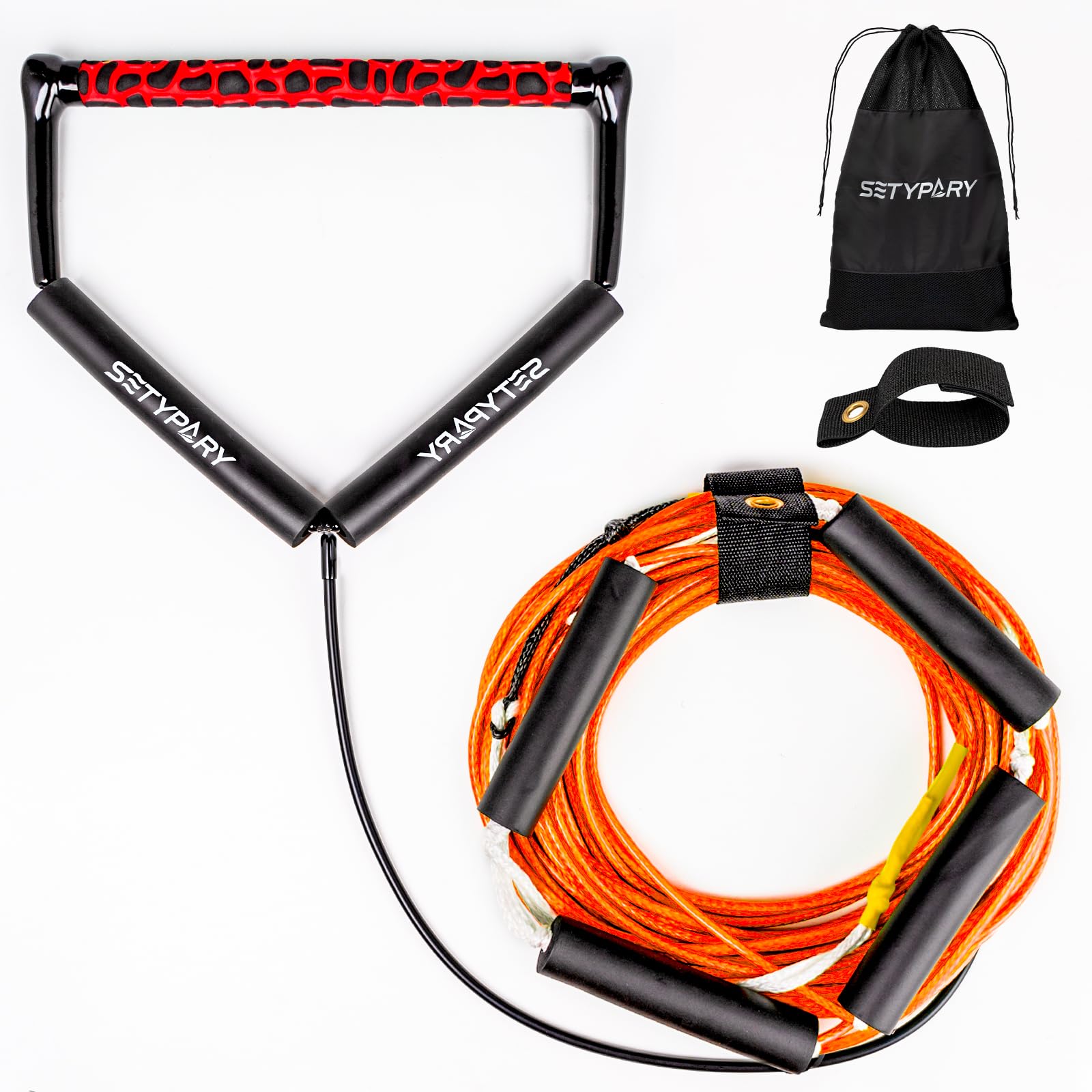 Photo 1 of SETYPARY Dyneema No Stretch Wakeboard Rope and Handle 75FT, 4 Sections Floating Wakeboard Tow Rope Water Ski Ropes for Wakeboarding, Waterskiing, Kneeboarding and Wakesurfing (Orange)