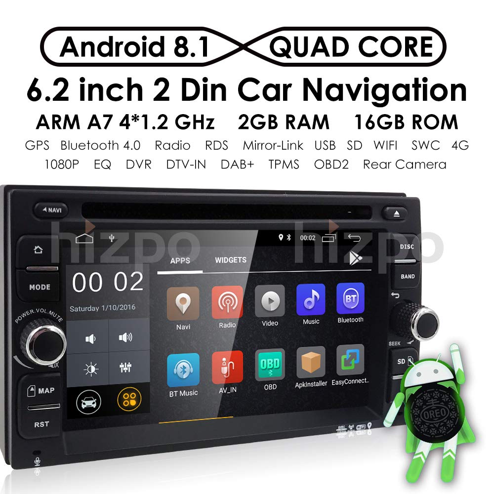 Android 8.1 Car Stereo, Quad Core 16GB+ 2GB Double Din Car DVD CD Player with Bluetooth GPS Navigation 6.2 inch Touch Screen - Support WiFi, MirrorLink, Backup Camera, AUX Input, USB SD, Dash Cam