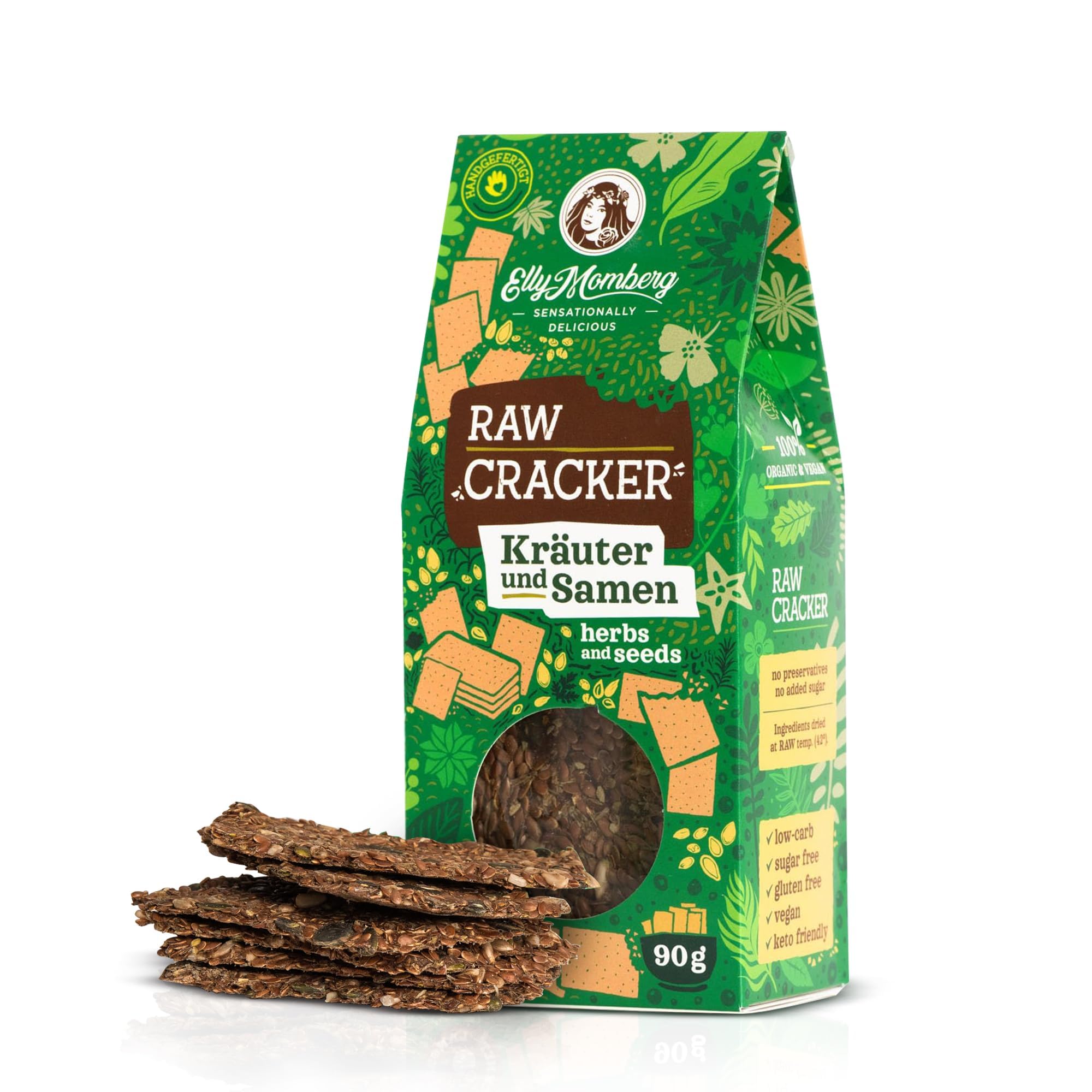 Elly Momberg Bio Leinsamen Cracker mit Saaten & Kräutern 90g (Kräuter & Samen) – Keto, Low Carb, Glutenfrei, Vegan, Ohne Zuckerzusatz – Rohkost Knäckebrot, Ballaststoffreich, Gesunder Snack