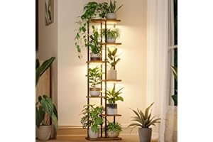 Bamworld Plant Stand with Grow Light for Indoor Plants Corner 7 Tier Metal Plant Shelf Wood Flower Stand for Home Living Room Decor Patio Decor