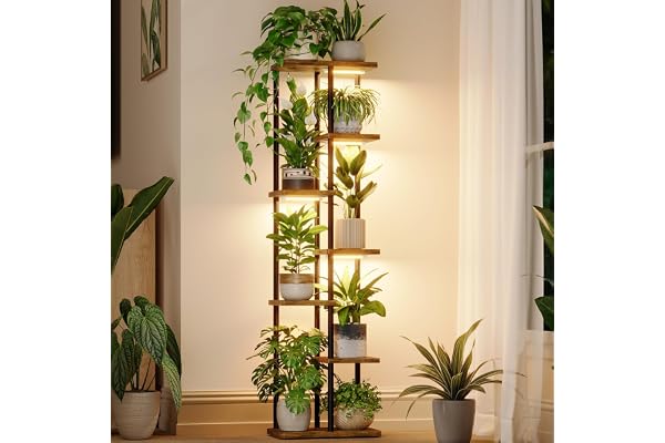 Bamworld Plant Stand with Grow Light for Indoor Plants Corner 7 Tier Metal Plant Shelf Wood Flower Stand for Home Living Room