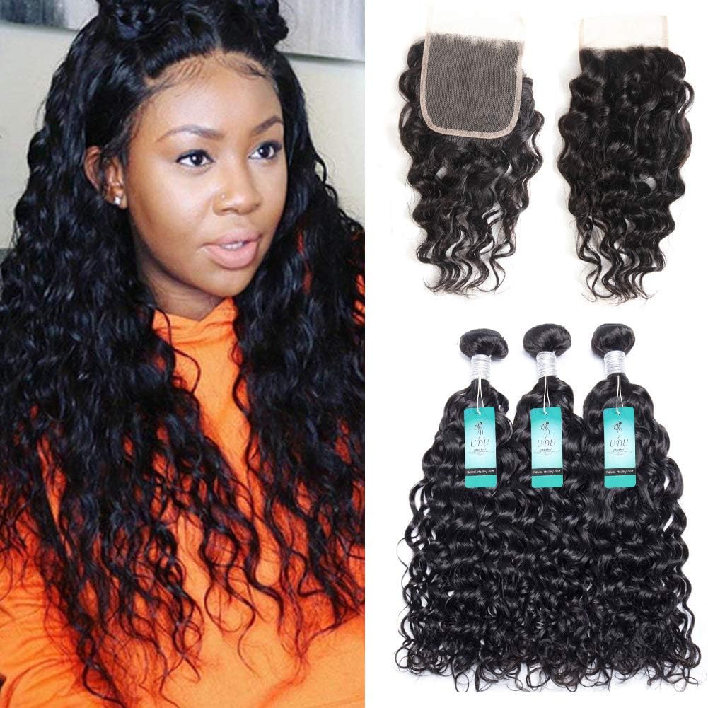 Water Wave Bundles with Closure, UDU 10A Brazilian Human Hair Bundles with Closure, Human Hair Weave Natural Wave Curly Virgin Hair Nature Black (8 10 12+8Closure)