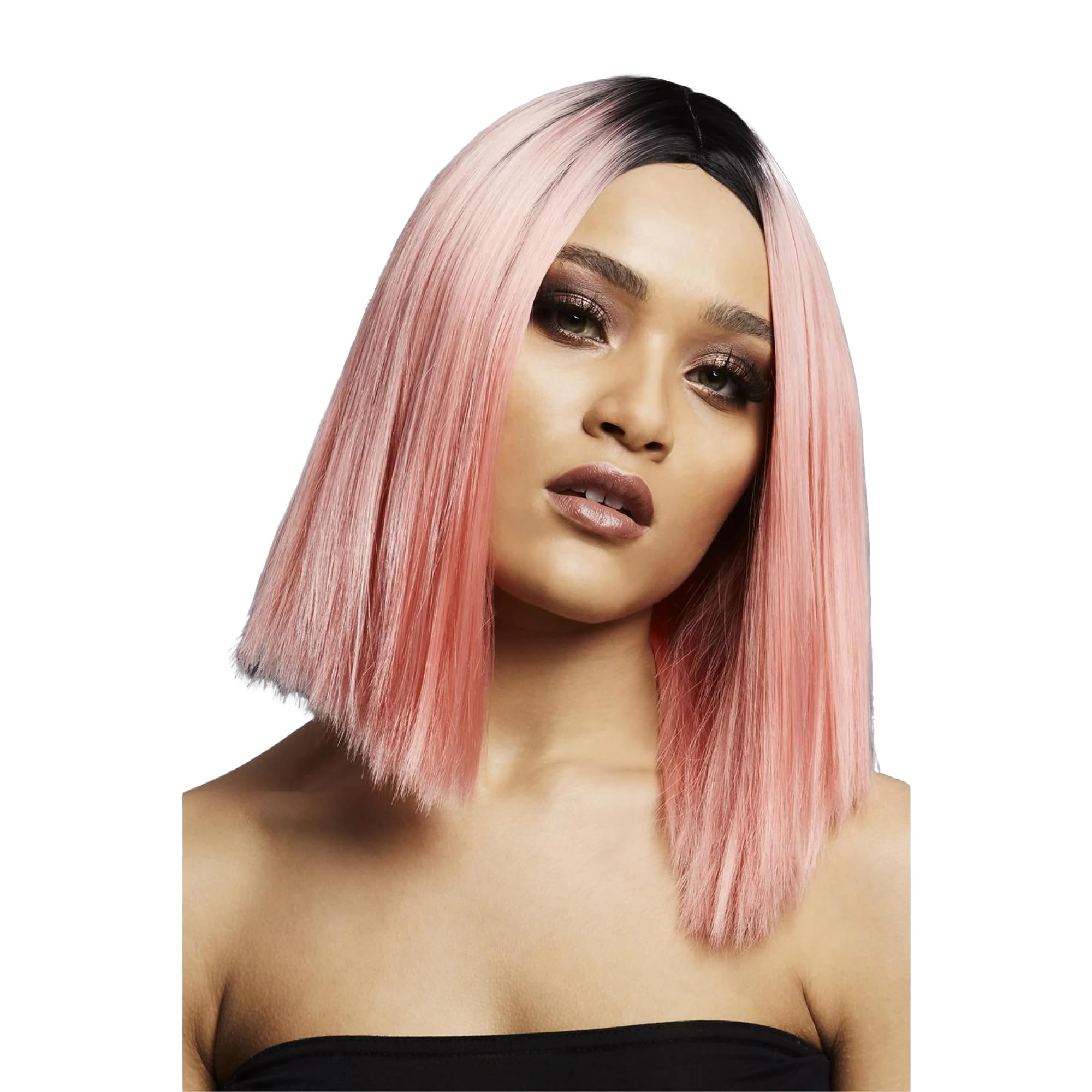 Smiffys Fever Kylie Wig, Two Toned Blend, Coral Pink Inverted Long Bob, Centre Parting, 37cm/ 15in, Fever Wigs Fancy Dress, Fever Dress Up Wigs